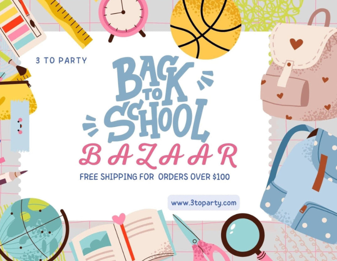 Back to School Bazaar promotional graphic with school-themed illustrations around a central text panel. The design includes a backpack, basketball, ruler, pencil case, clock, notebook, scissors, magnifying glass, and other stationery items on a white background with faint pink grid lines.
